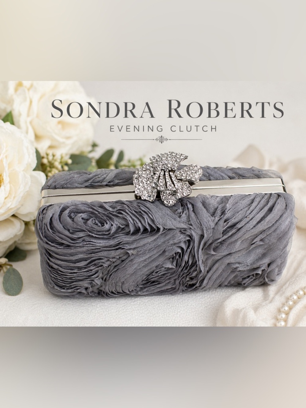 Sondra Roberts Silver-Gray Ruched Evening Clutch with Crystal Floral Clasp